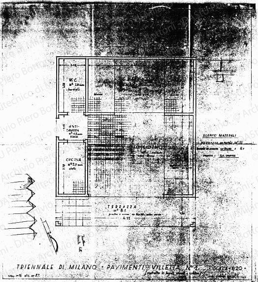 Triennale di Milano, pavimenti villetta n. 1, dis. 87, pianta, scala 1:20, s.d. Eliografia su carta, cm 62,5x57,2. Schizzo a matita. 