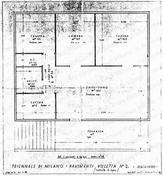 Triennale di Milano, pavimenti villetta n. 2, dis. 88, pianta, scala 1:20, s.d. Eliografia su carta, cm 61,1x56,2. 