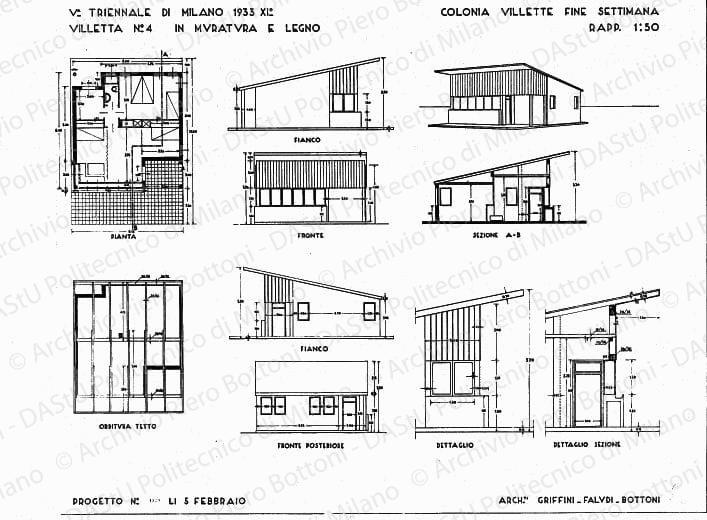 V Triennale di Milano 1933, Colonia villette fine settimana, villetta n. 4 in muratura e legno, piante, sezioni, prospetti e dettagli, scala 1:25, 1:50, prot. 1528, 5 febbraio. China su lucido, cm 76,4x95,0.