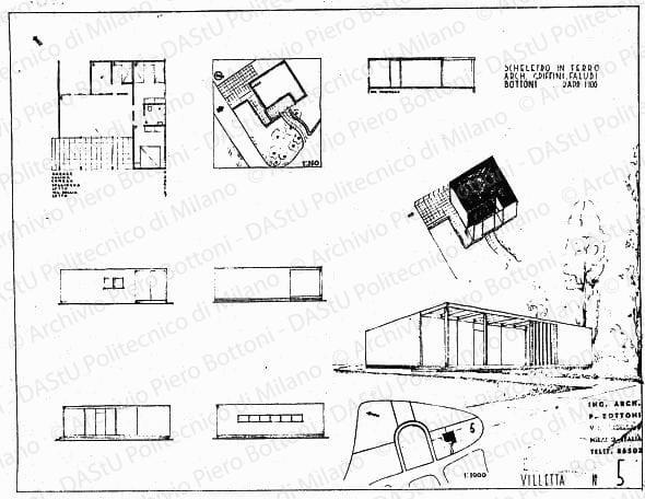 Villetta n. 5, piante, sezione, prospetti, veduta prospettica e assonometria, scala 1:100, 1:250,1:1000, s.d. Eliografia su carta, cm 46,4x61,9. 