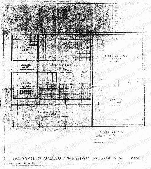 Triennale di Milano, pavimenti villetta n. 5, dis. 91, pianta, scala 1:20, s.d. Eliografia su carta, cm 63,2x59,0. 