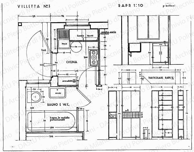Villetta n. 3, arredamento e mobili cucina e bagno, pianta, sezioni, viste e particolare, scala 1:10, prot.1564, s.d. China e matita su lucido, cm 52,3x67,2. 