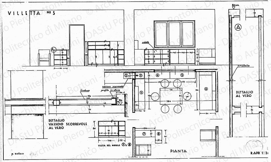Villetta n. 5, arredamento e mobili soggiorno-pranzo, pianta, sezioni, viste e dettagli, scala 1:1, 1:10,prot. 1568, s.d. China e matita su lucido, cm 39,0x67,2. 
