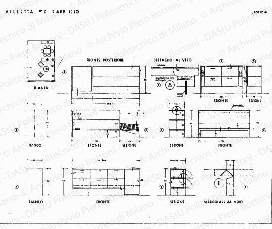 Villetta n. 3, arredamento e mobili soggiorno-pranzo, pianta, sezioni, viste e dettagli, scala 1:1, 1:10,1:50, prot. 1569, s.d. China e matita su lucido, cm 62,7x73,5. 