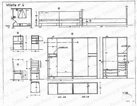 Villetta n. 4, arredamento e mobili camera da letto, pianta, sezioni e viste, scala 1:10, 1:50, prot.1571, s.d. China e matita su lucido, cm 45,0x58,7. 