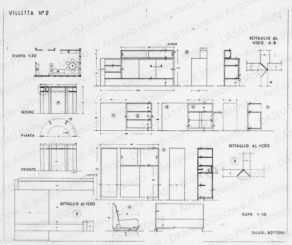 Villetta n. 2, arredamento e mobili soggiorno-pranzo, pianta, sezioni, viste e dettagli, scala 1:1, 1:10,1:50, prot. 1572, s.d. China e matita su lucido, cm 67,4x82,7. 