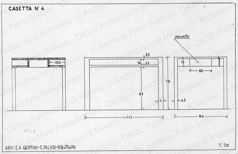 Casetta n. 4, tavolo, viste e sezione, scala 1:10, prot. 1606, s.d. China e matita su lucido, cm 21,6x34,4. 