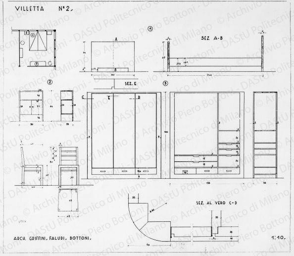 Villetta n. 2, arredamento e mobili camera da letto, pianta, sezioni, viste e dettaglio, scala 1:1, 1:10, 1:50, prot. 1608, s.d. China e matita su lucido, cm 52,2x59,8. 