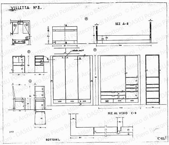 Villetta n. 3, arredamento e mobili camera da letto a due letti, pianta, sezioni, viste e dettaglio, scala 1:1, 1:10, 1:50, prot. 1609, s.d. China e matita su lucido, cm 50,4x60,0. 
