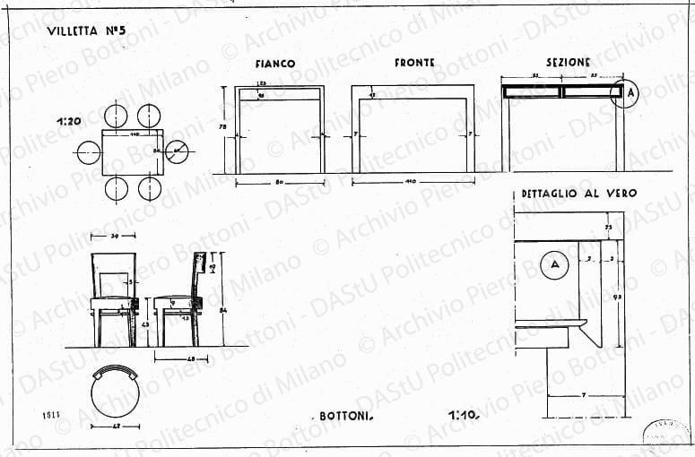 Villetta n. 5, tavolo e sedie, pianta, sezione, viste e dettaglio, scala 1:1, 1:10, 1:20, prot. 1611, s.d. China e matita su lucido, cm 41,6x63,9. 