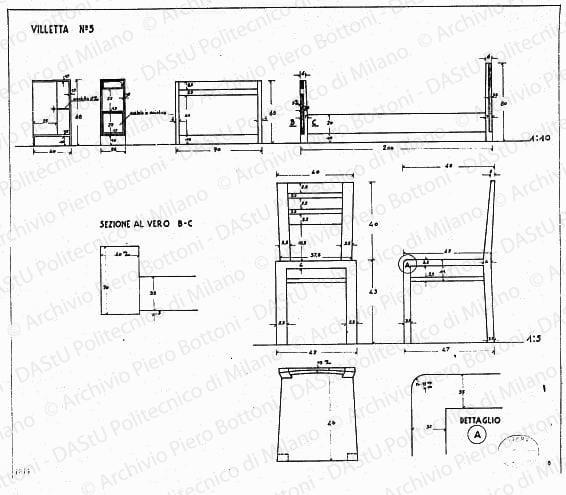 Villetta n. 5, letto, comodini e sedia, viste, sezioni e dettagli, scala 1:1, 1:5, 1:10, prot. 1614, s.d. China e matita su lucido, cm 48,2x58,6. 