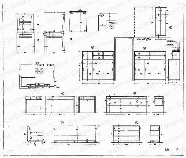Casa n.1, arredamento e mobili soggiorno-pranzo, pianta, viste, sezioni e dettaglio, scala 1:1, 1:10, prot. 1743, s.d. China e matita su lucido, cm 72,5x86,5. 