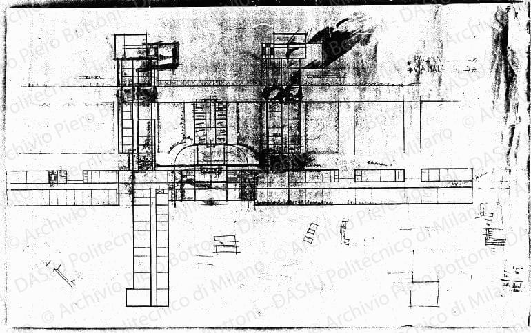 Studio del piano terra, pianta, scala 1:200, s.d. Matita e acquerello seppia su eliografia su carta, cm 68,0x110,3. Schizzi a matita. 