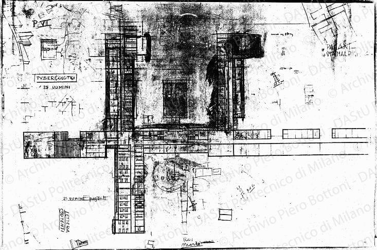 Studio del 7° piano, pianta, scala 1:200, s.d. Matita, acquerello seppia e matita rossa su eliografia su carta, cm 68,4x105,7. Schizzi a matita.