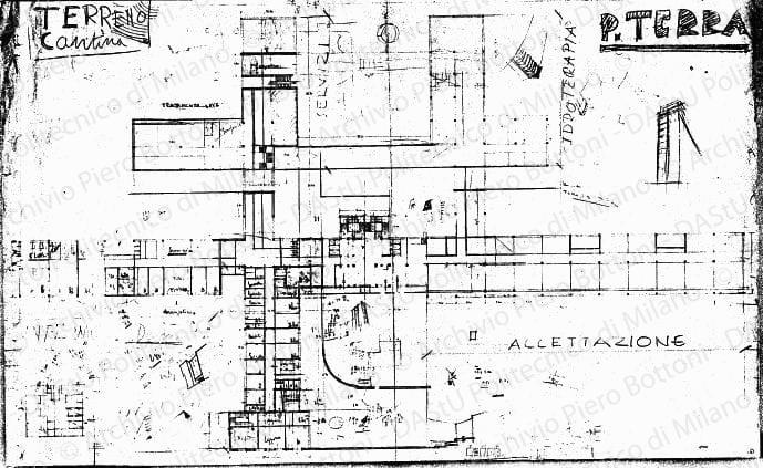 Studio del piano cantina e terra, pianta, scala 1:200, s.d. Matita e matita rossa su eliografia su carta, cm 61,2x99,3. Schizzi a matita. 