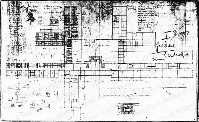 Studio del 1° piano, pianta, scala 1:200, s.d. Matita su eliografia su carta, cm 61,2x100,6. Schizzi a matita.