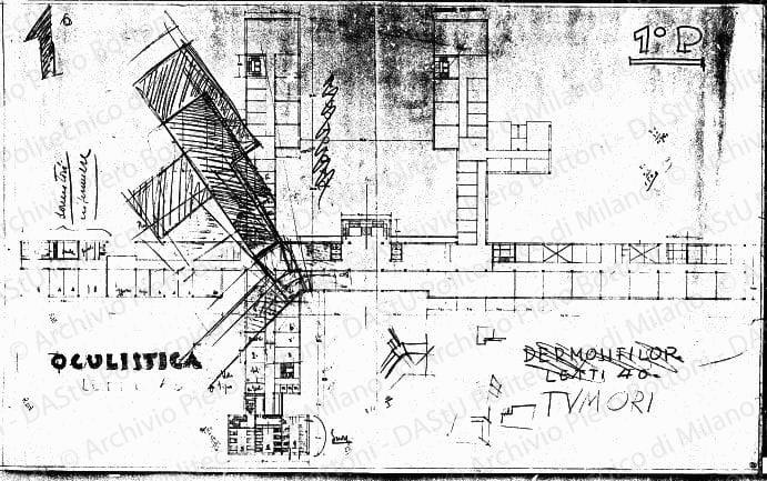 Studio del 1° piano, pianta, scala 1:200, s.d. Matita e matite colorate su eliografia su carta, cm 61,3x100,4. Schizzi a matita.