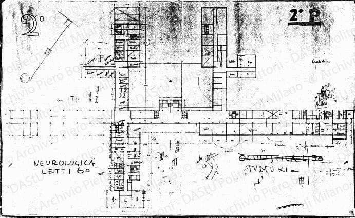 Studio del 2° piano, pianta, scala 1:200, s.d. Matita e matite colorate su eliografia su carta, cm 61,0x100,1. Schizzi a matita.