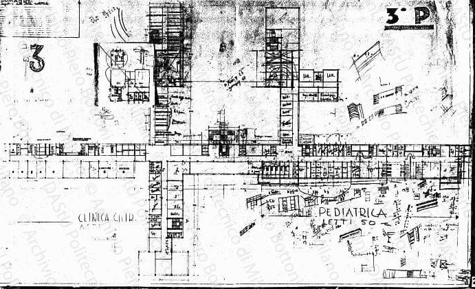 Studio del 3° piano, pianta, scala 1:200, s.d. Matita e matita rossa su eliografia su carta, cm 60,8x100,2. Schizzi a matita.