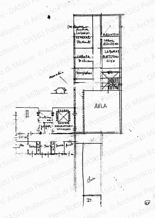 Studio laboratori e aula 3° piano, pianta, scala 1:200, s.d. Matita su lucido, cm 29,7x20,6. Schizzi a matita.