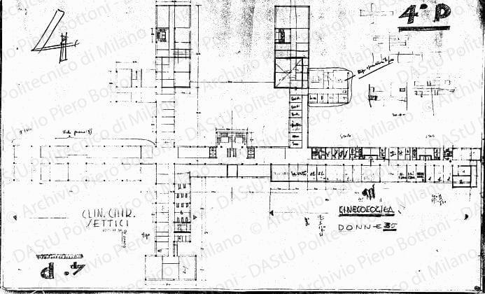 Studio del 4° piano, pianta, scala 1:2000, s.d. Matita e matita rossa su eliografia su carta, cm 61,2x100,5. Schizzi a matita.