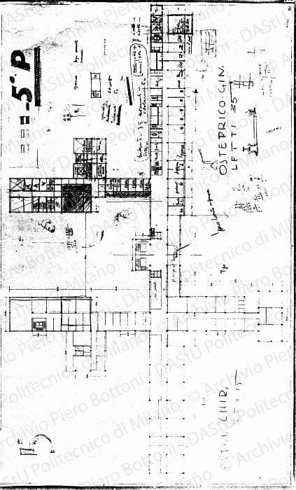 Studio del 5° piano, pianta, scala 1:200, s.d. Matita e matita rossa su eliografia su carta, cm 61,5x100,5. Schizzi a matita.