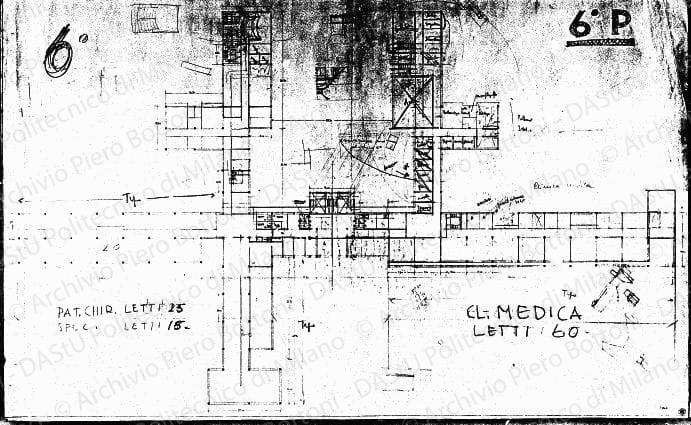 Studio del 6° piano, pianta, scala 1:200, s.d. Matita e matita rossa su eliografia su carta, cm 61,4x99,5. Schizzi a matita.
