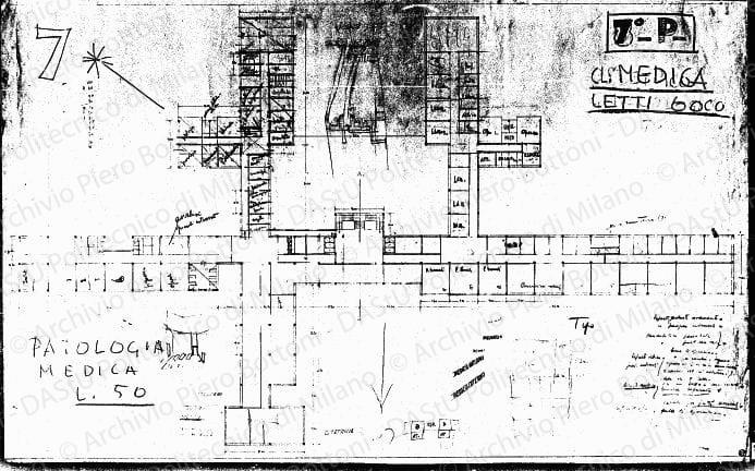 Studio del 7° piano, pianta, scala 1:200, s.d. Matita e matita rossa su eliografia su carta, cm 61,5x99,7. Schizzi a matita.