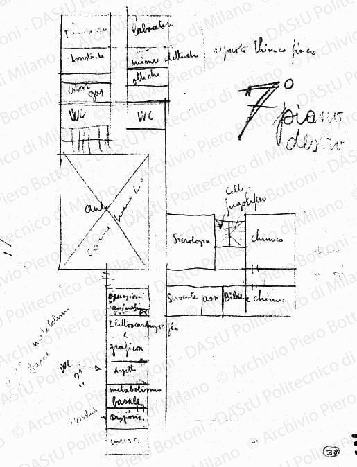 Studio di modifica al 7° piano, pianta, scala 1:200, s.d. Matita su lucido, cm 30,3x23,2.