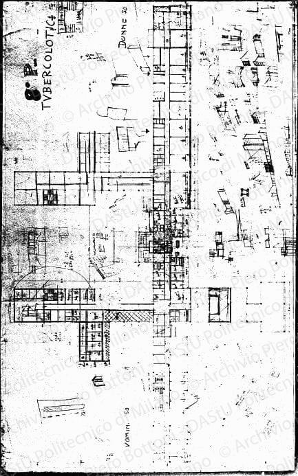 Studio 8° piano, pianta, scala 1:200, s.d. Matita e matita rossa su eliografia su carta, cm 61,9x99,7.Schizzi a matita.