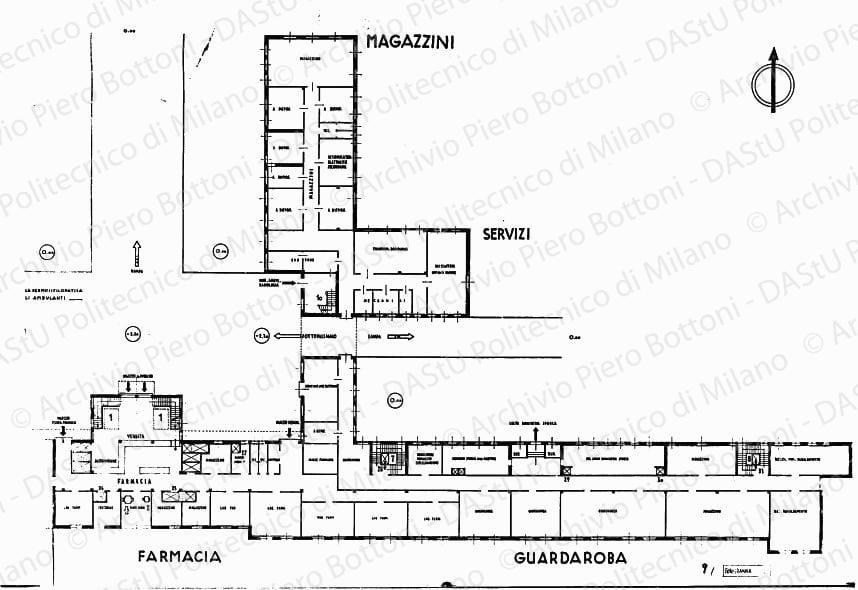Farmacia, guardaroba, servizi, magazzini, piano seminterrato, pianta, scala 1:100, s.d. China su lucido, cm 106,3x121,2. 