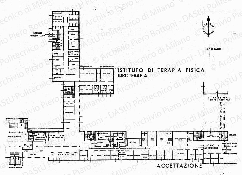 Istituto di terapia fisica, idroterapia, accettazione, piano a terra, pianta, scala 1:100, s.d. China su lucido, cm 86,6x112,6. 