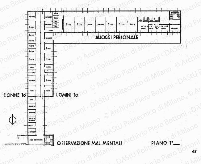 Osservazione mal. mentali, alloggi personale, piano 1°, pianta, scala 1:100, s.d. China su lucido, cm 71,8x89,0.