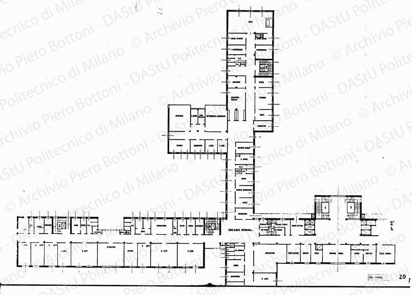 Clinica neurologica, piano 2°, pianta, scala 1:100, s.d. China su lucido, cm 121,2x109,8.