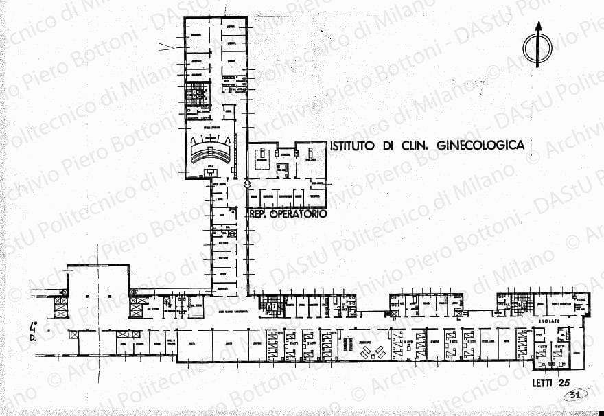 Istituto di clinica ginecologica, piano 4°, pianta, scala 1:100, s.d. China su lucido, cm 80,0x119,5.