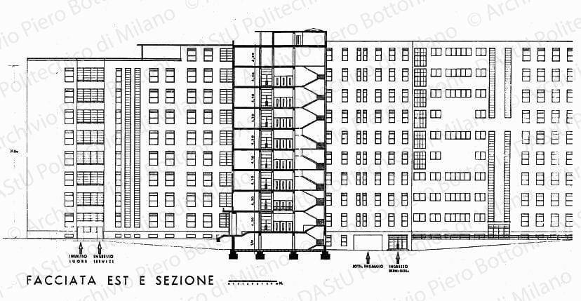 Facciata est e sezione, scala 1:100, s.d. China su lucido, cm 61,5x127,0. 