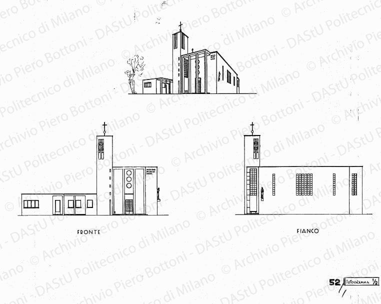 Cappella e abitazione cappellano, pianta, sezione, prospetti e prospettiva, scala 1:100, s.d. China su lucido, cm 94,6x80,7. 