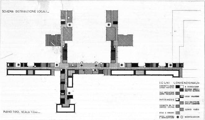 Riproduzione di "Schema distribuzione locali. Piano tipo. Scala 1:200". Positivo, bianco e nero, 97x167 mm, album giallo n.10, pag.6.