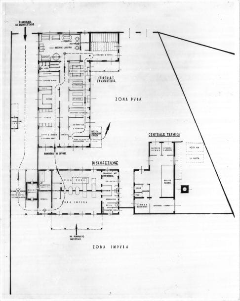 Riproduzione piano terra edificio "disinfezione, centrale termica, stireria e lavanderia". Positivo, bianco e nero, 154x123 mm, album giallo n.10, pag.13.