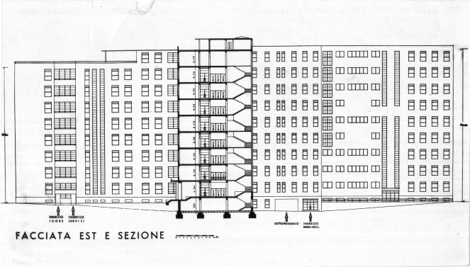 Riproduzione del prospetto: "Facciata est e sezione". Positivo, bianco e nero, 96x168 mm, album giallo n.10, pag.14.