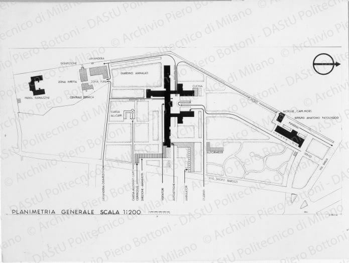 Riproduzione "Planimetria generale scala 1:200", positivo, bianco e nero, mm 180x238. Su una fotografia timbri ad inchiostro sul verso: "Piero Bottoni", "Da restituire" e "Motto GR PB 1933". Su una fotografia timbro ad inchiostro sul verso: "Motto GR PB 1933". Su una fotografia timbro ad inchiostro sul verso: "Quadrante Società Anonima Editoriale Sede di Milano".