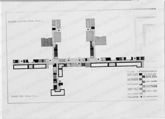 Riproduzione di "Schema distribuzione locali. Piano tipo. Scala 1:200", positivo, bianco e nero, mm 129x179. Su due fotografie timbro ad inchiostro sul verso: "Motto GR PB 1933".