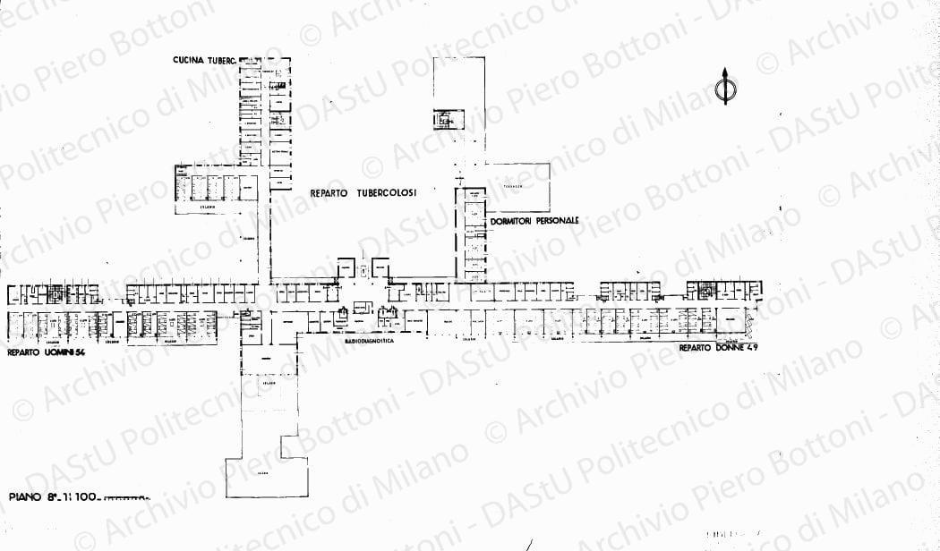 Riproduzione "Piano 8. 1:100", positivo, bianco e nero, mm 236x295. Su una tavola timbri ad inchiostro sul verso: "Quadrante Societ? Anonima Editoriale Sede di Milano" e "Motto GR PB 1933". Su tre tavole timbro ad inchiostro sul verso: "Motto GR PB 1933".