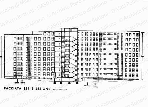 Riproduzione "Facciata est e sezione", positivo, bianco e nero, mm 128x180. Su una fotografia timbro ad inchiostro sul verso: "Motto GR PB 1933". Su una fotografia timbro ad inchiostro sul verso: "Quadrante. Società Anonima Editoriale. Sede di Milano".