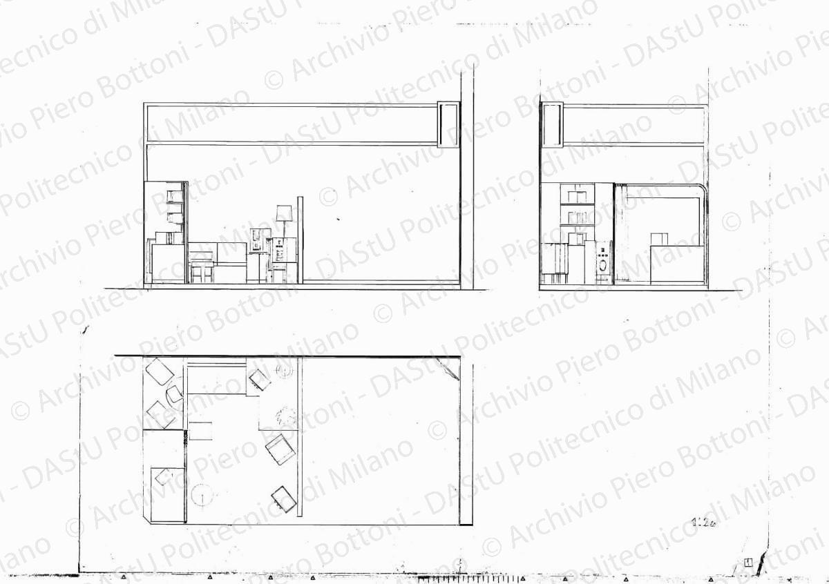 Pianta, sezione A-B, fronte e fianco, scala 1:20, s.d. Matita e china su lucido, cm 56,8 x 70,3.