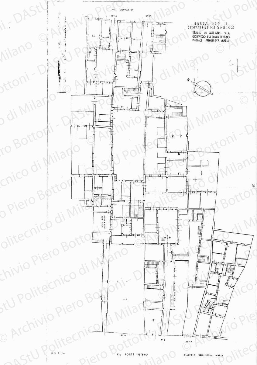 Banca per il Commercio Serico, stabili in Milano via Giovasso, via Ponte Vetero, piazzale Principessa Maria, pianta piano terra, scala 1: 100, s.d. Eliografia su carta, cm 119,9 x 69,3.