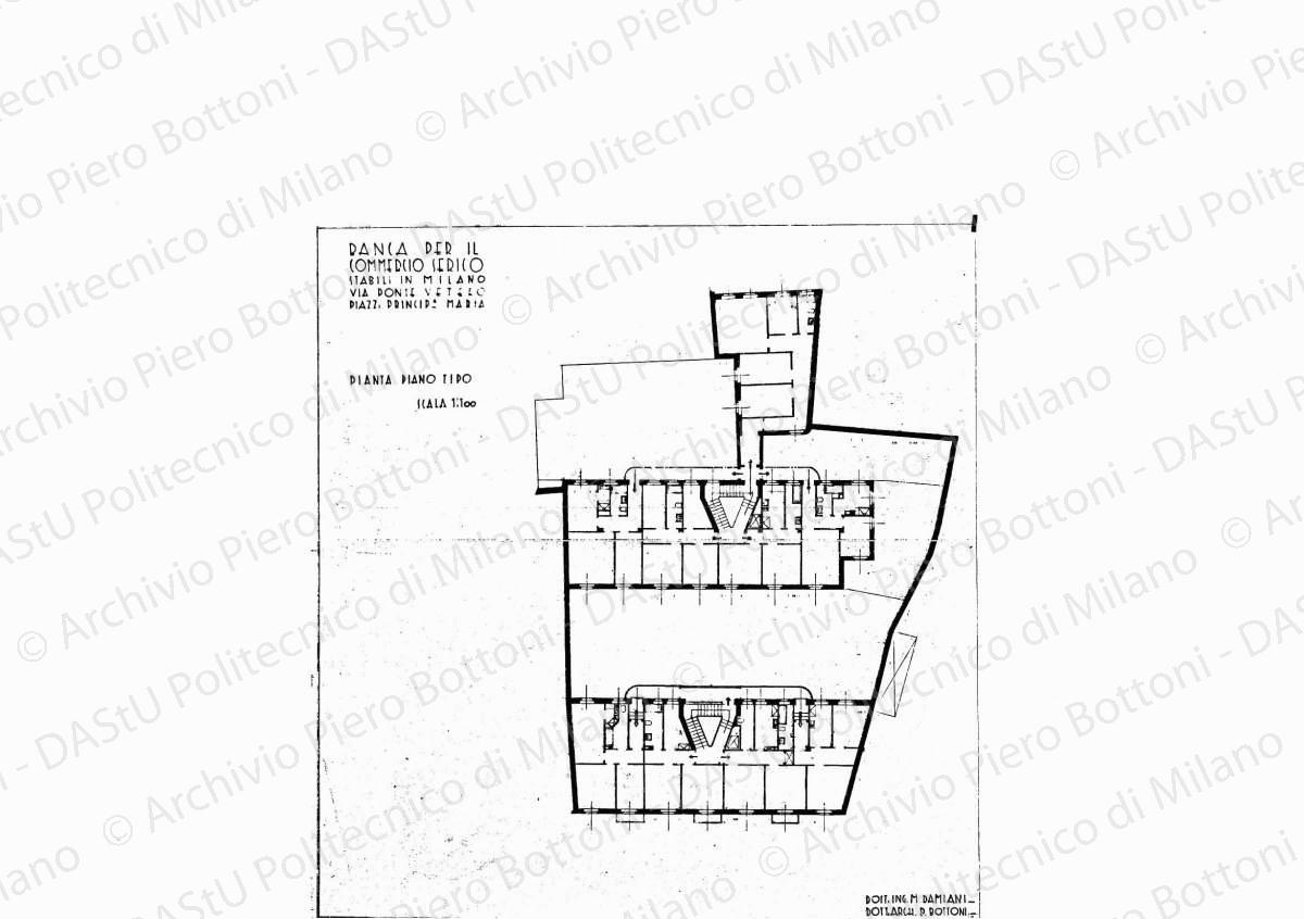 Banca per il Commercio Serico, stabili in Milano via Ponte Vetero, piazzale Principessa Maria, pianta piano tipo, scala 1: 100, s.d. Eliografia su carta, cm 64,4 x 62,0.