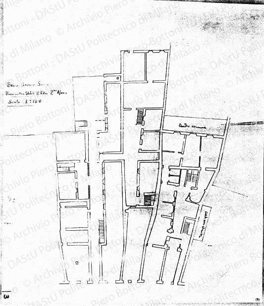Banca Commercio Serico, stabile P. Vetero-P.ssa Maria, rilievo planimetria, scala 1:100, s.d. Matita su lucido, cm 62,4x54,0. 