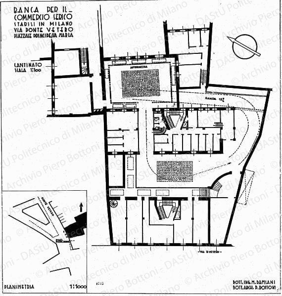 Banca per il Commercio Serico, stabili in Milano via Ponte Vetero, piazzale Principessa Maria, planimetria e pianta cantinato, scala 1:100, 1:1000, prot. 1733, s.d. China su lucido, cm 64,7x69,5. 