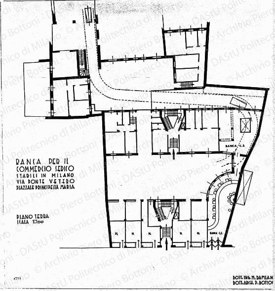 Banca per il Commercio Serico, stabili in Milano via Ponte Vetero, piazzale Principessa Maria, pianta piano terra, scala 1:100, prot. 1734, s.d. China su lucido, cm 63,8x60,8. 